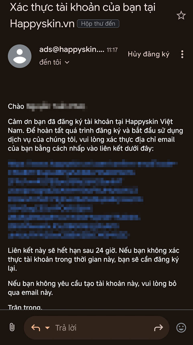 Bước 5: check mail -> click chọn đường link xác thực