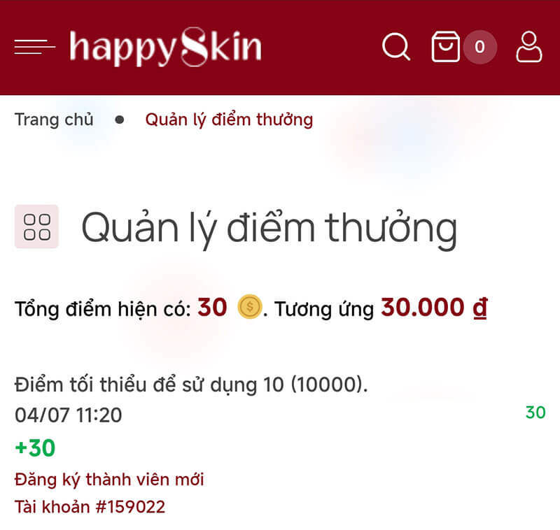 Bước 3: trang thông báo chứa thông tin về điểm thưởng cũng như lịch sử cộng điểm của bạn.