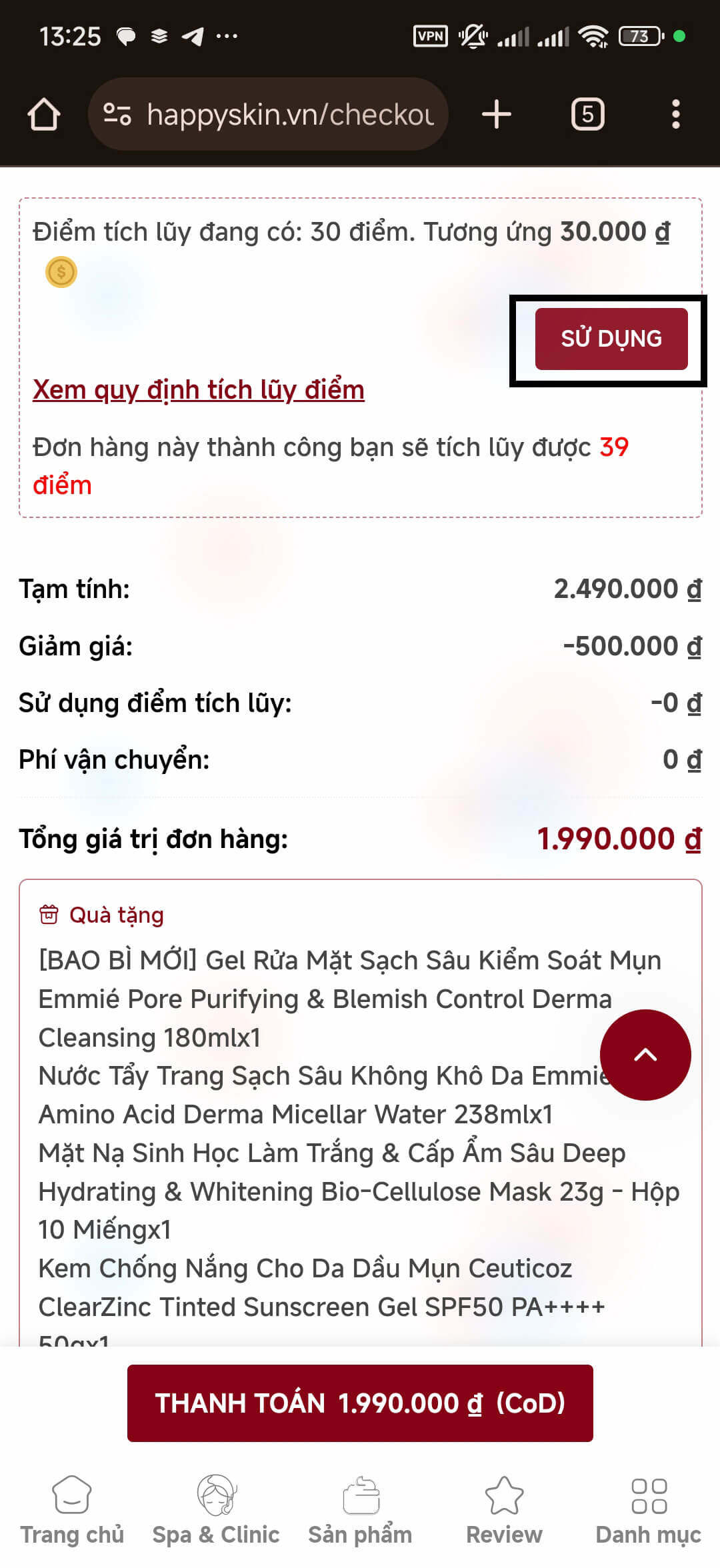 Bước 3: click chọn Sử Dụng Điểm -> tiến hành đặt hàng