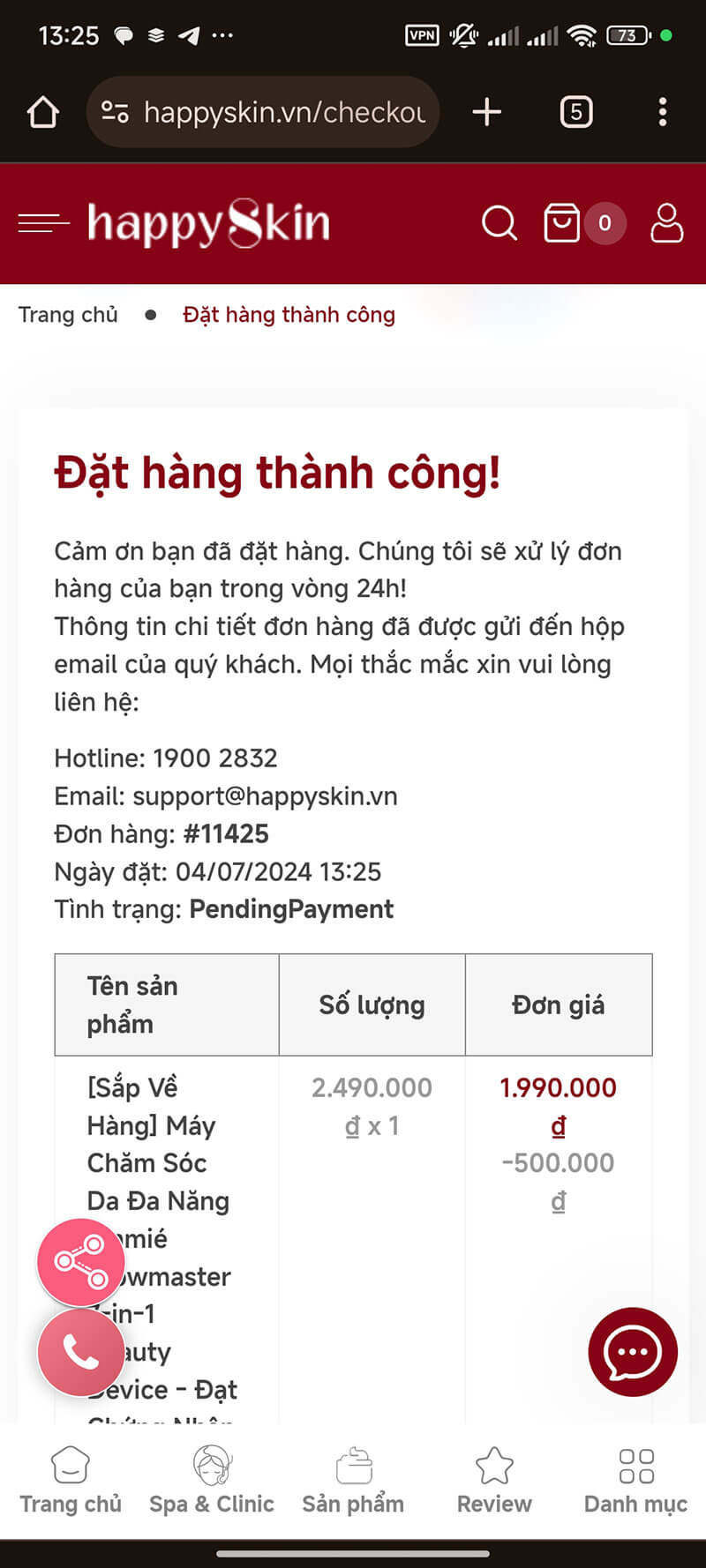 Bước 4: thông báo đặt hàng thành công