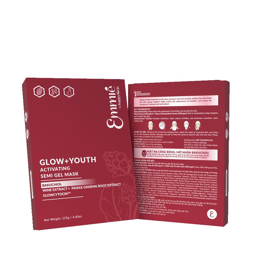 Glow + Youth Activating Semi Gel Mask - Mặt Nạ Căng Bóng, Mờ Nhăn Bakuchiol Emmié by Happyskin - 250g - Hộp 5 Miếng